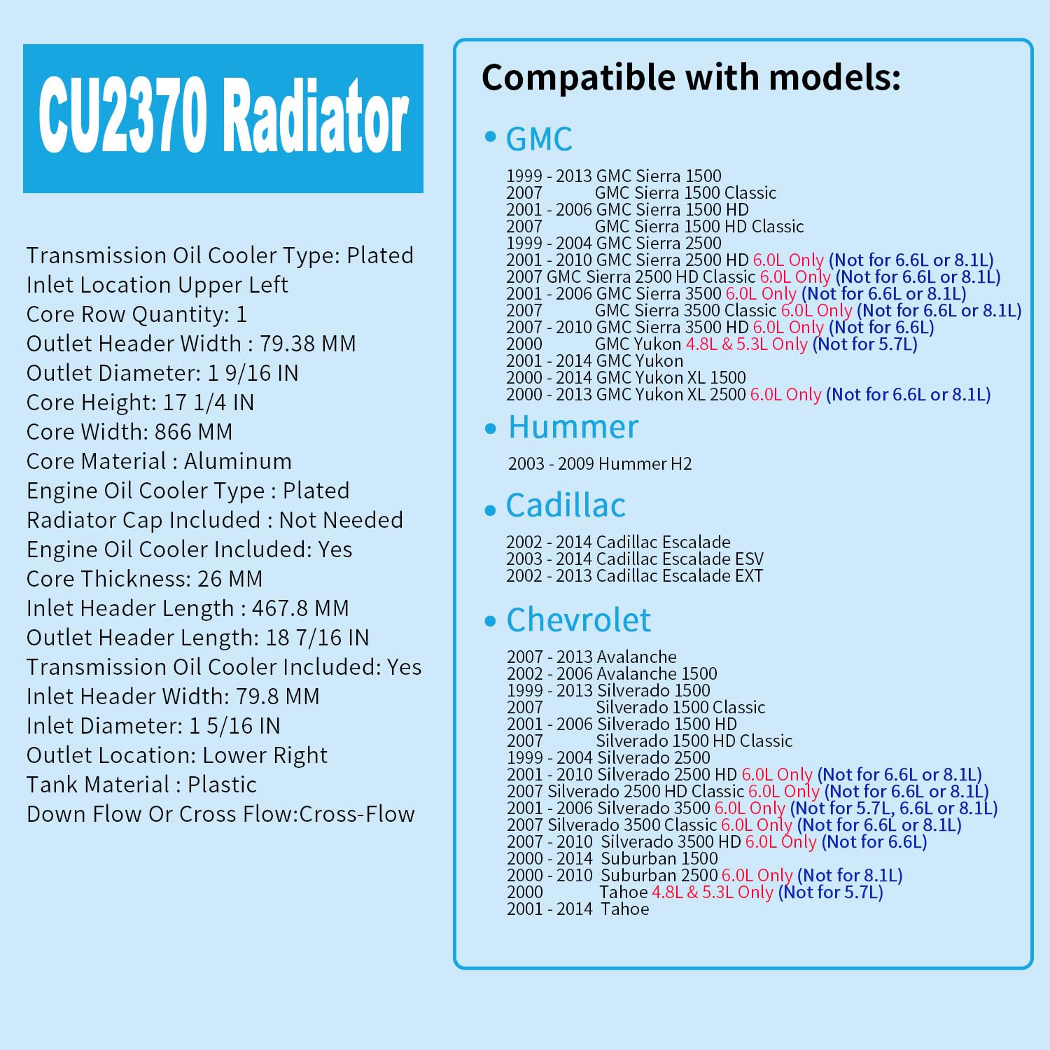 WECOOLX Radiator Compatible with Cadillac Escalade 6.0 V8 2002-2006, 34'' Radiator for Chevy Silverado 1500 2500 Suburban Tahoe 4.8 5.3 6.0L | 26mm Core Thickness